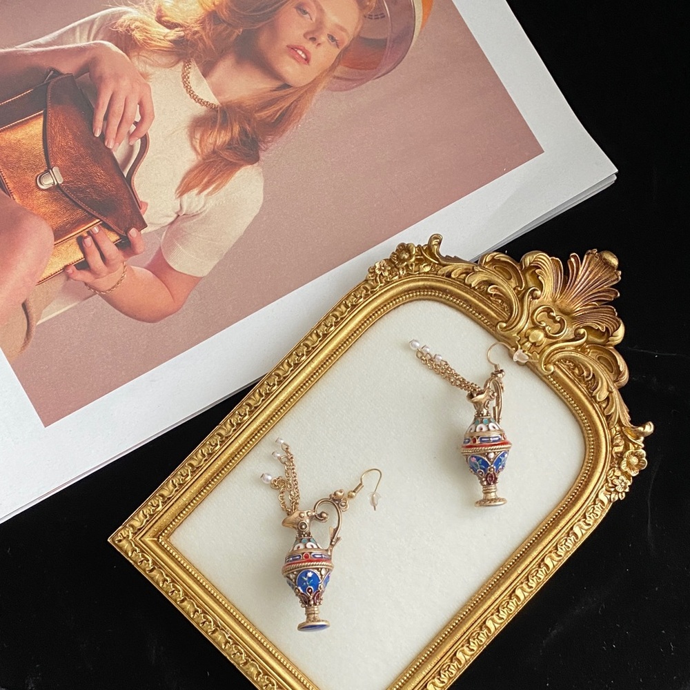 Unique earring with Blue Red Enamel Bronze- gift for wine lovers